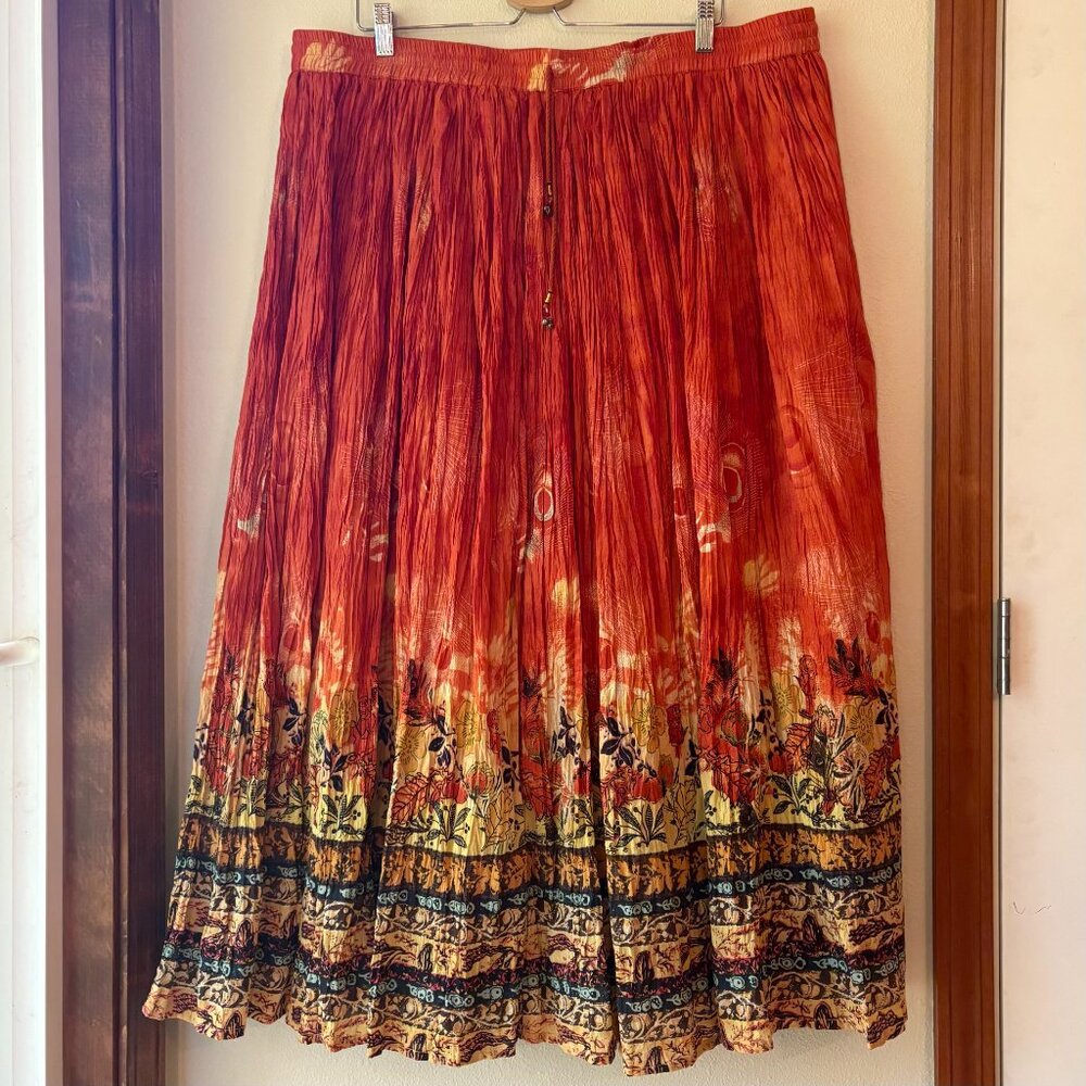 EUC Take Two Bohemian Maxi Skirt Orange Floral 100% Cotton Crinkle Size 2 Flowy - Picture 2 of 8